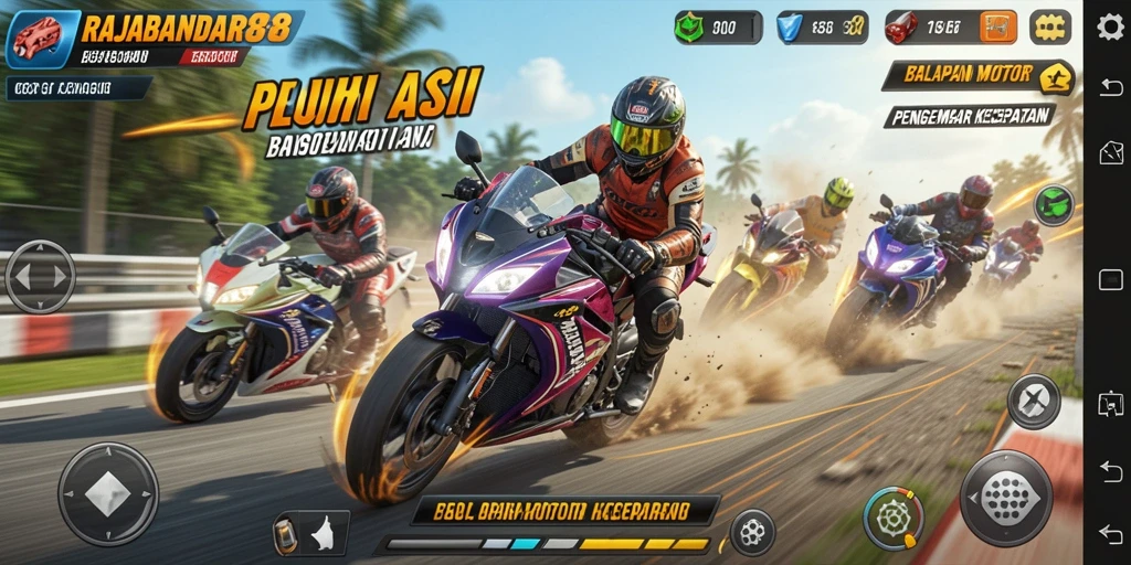 Screenshot gameplay RAJABANDAR88 menampilkan balapan motor yang intens.
