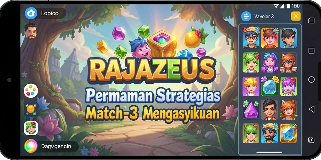 Tangkapan layar utama RAJAZEUS menampilkan momen seru dalam gameplay Match-3.